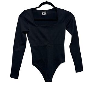 Black Ribbed Knit Long Sleeve Bodysuit Sz Small Seamless